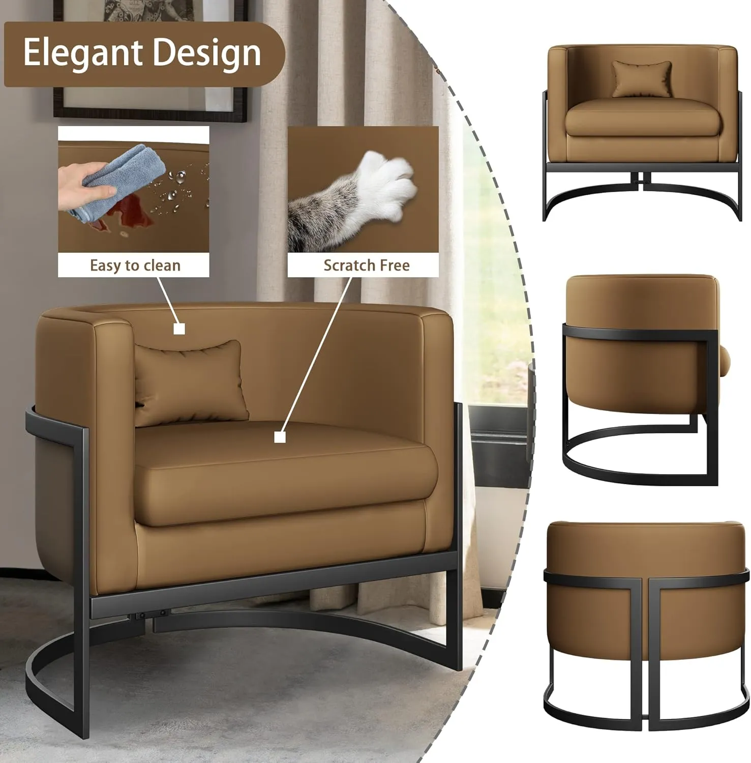 Upholstered Modern Living Room Chairs Barrel Accent Chair, Faux Leather Armchair Mid Century Lounge Chair Anti Scratch Sofa Tub Bucket Club Side Chair for Bedroom-Brown