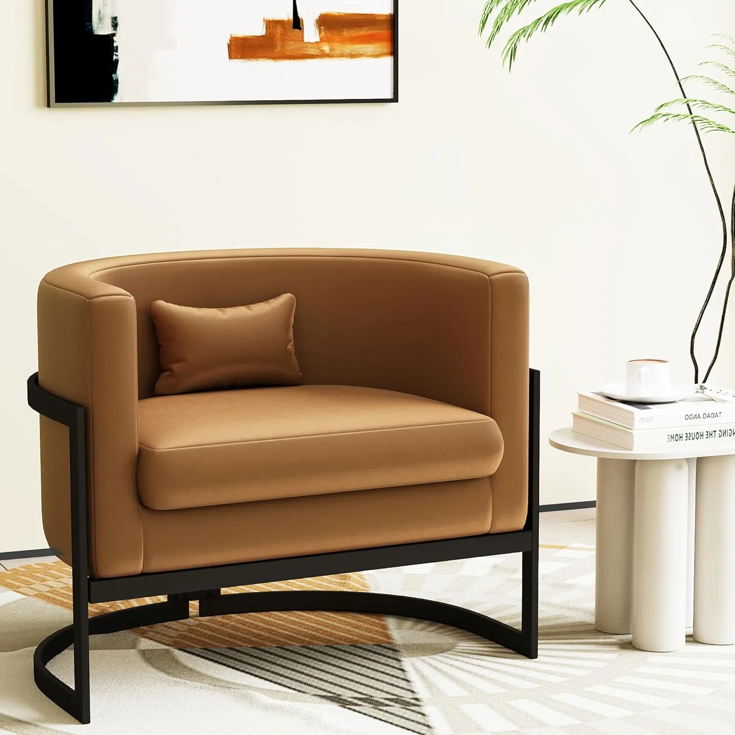 Upholstered Modern Living Room Chairs Barrel Accent Chair, Faux Leather Armchair Mid Century Lounge Chair Anti Scratch Sofa Tub Bucket Club Side Chair for Bedroom-Brown