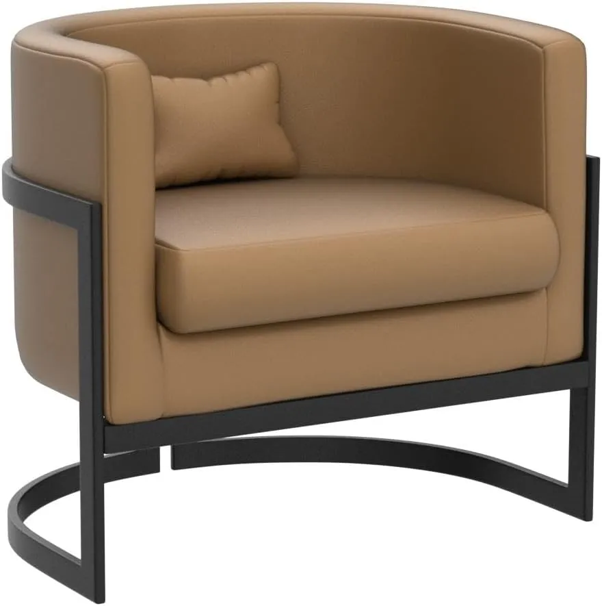 Upholstered Modern Living Room Chairs Barrel Accent Chair, Faux Leather Armchair Mid Century Lounge Chair Anti Scratch Sofa Tub Bucket Club Side Chair for Bedroom-Brown