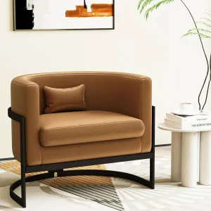 Upholstered Modern Living Room Chairs Barrel Accent Chair, Faux Leather Armchair Mid Century Lounge Chair Anti Scratch Sofa Tub Bucket Club Side Chair for Bedroom-Brown