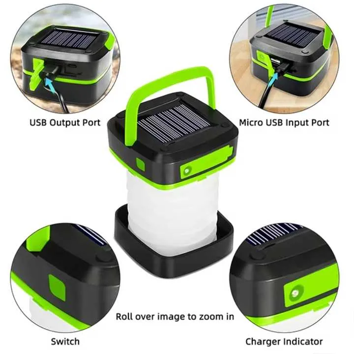USB Wide assortment Collapsible Green LED Lantern - Solar Portable Camping Trackable Charging with Outdoor Light