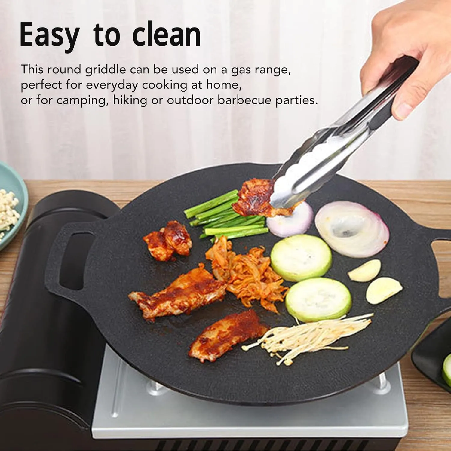 VBESTLIFE Korean Grill Pan, Double Handle Non Stick 6 Layer Coating Aluminum Alloy Gas Cooker Round BBQ Griddle for Outdoor Camping