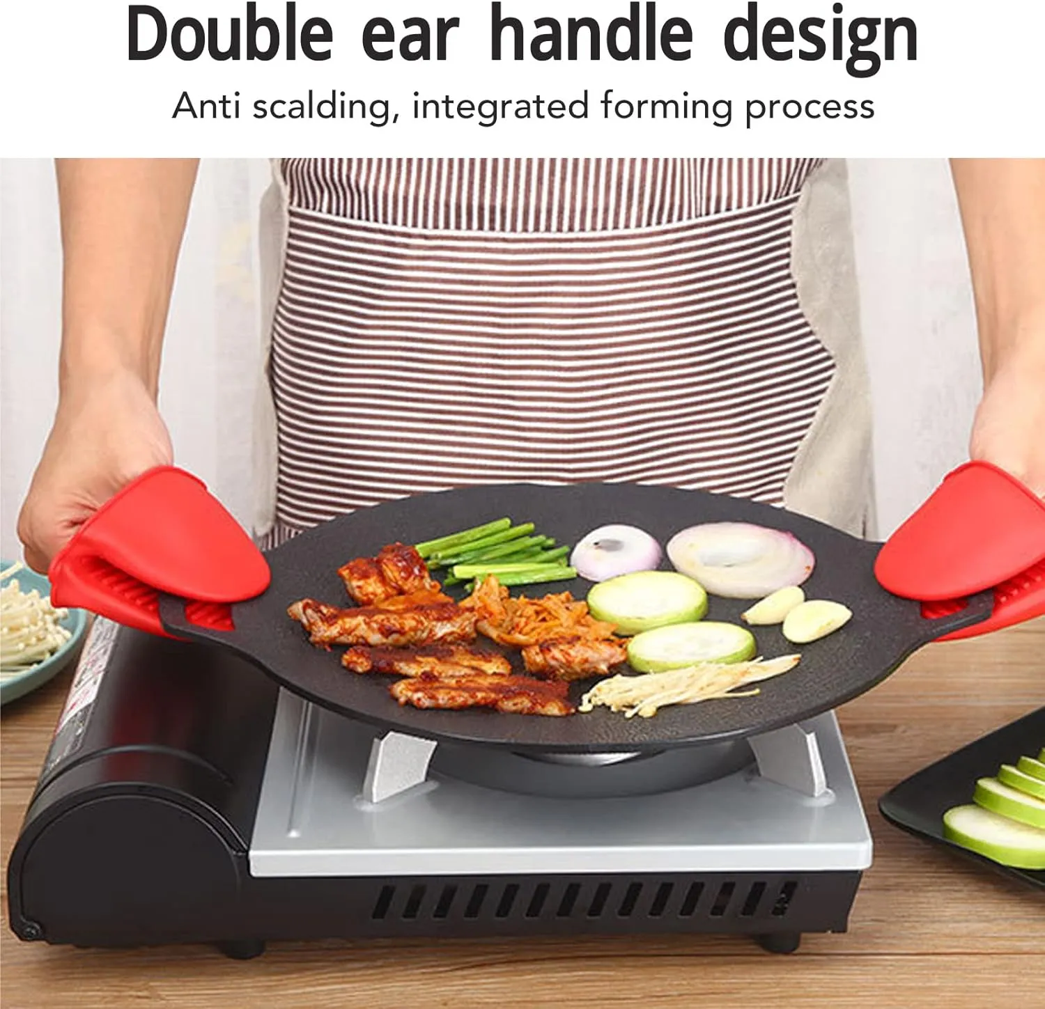 VBESTLIFE Korean Grill Pan, Double Handle Non Stick 6 Layer Coating Aluminum Alloy Gas Cooker Round BBQ Griddle for Outdoor Camping