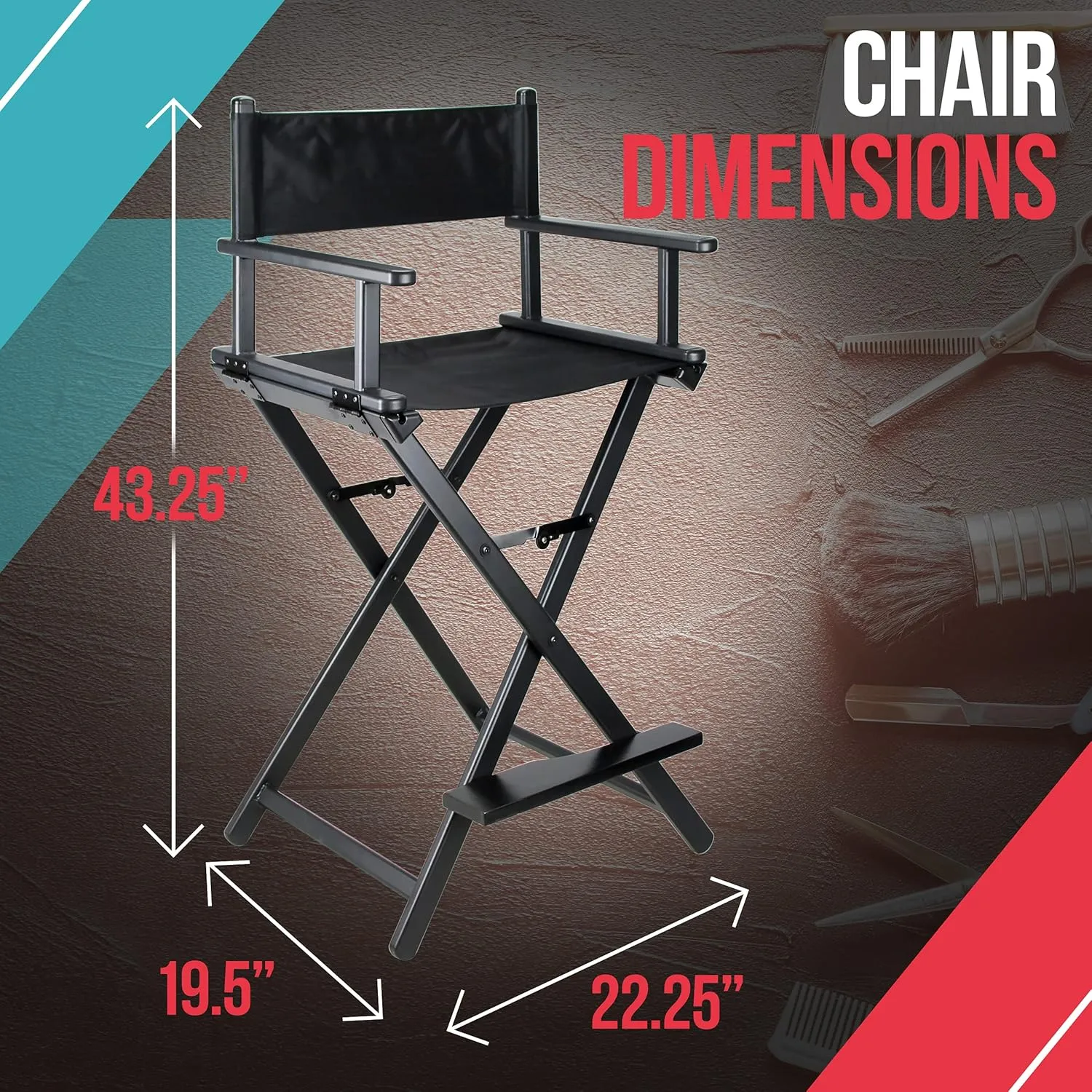 Ver Beauty Aluminum Makeup Artist Director Chair for Professional Beauty and Hair Stylist, Heavy Duty, Black Matte, 22.25" x 19.5" x 43.25"