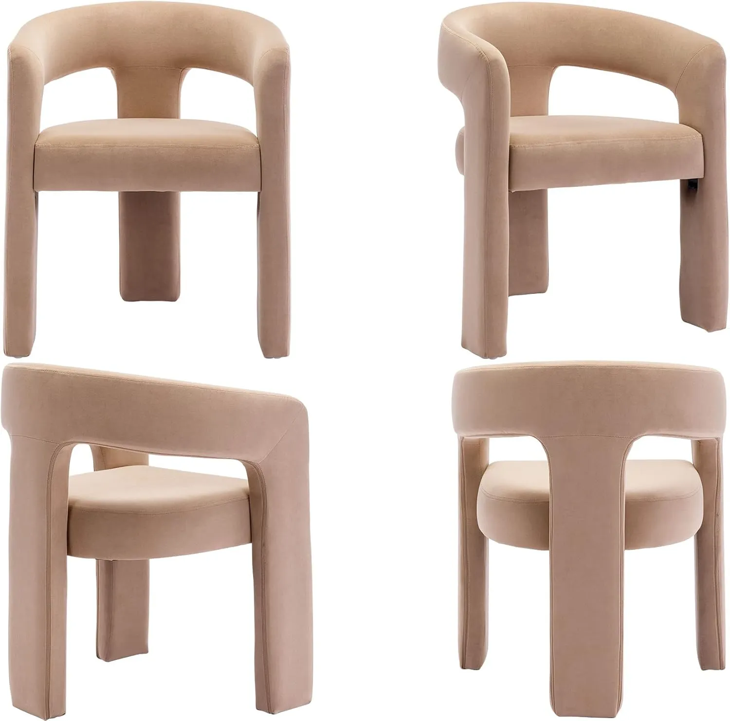 VESCASA Velvet Barrel Dining Chair with Open-Back, Upholstered Modern Accent Side Armchair with 3 Legs for Kitchen/Dining Room/Living Room, 1 Chair, Khaki