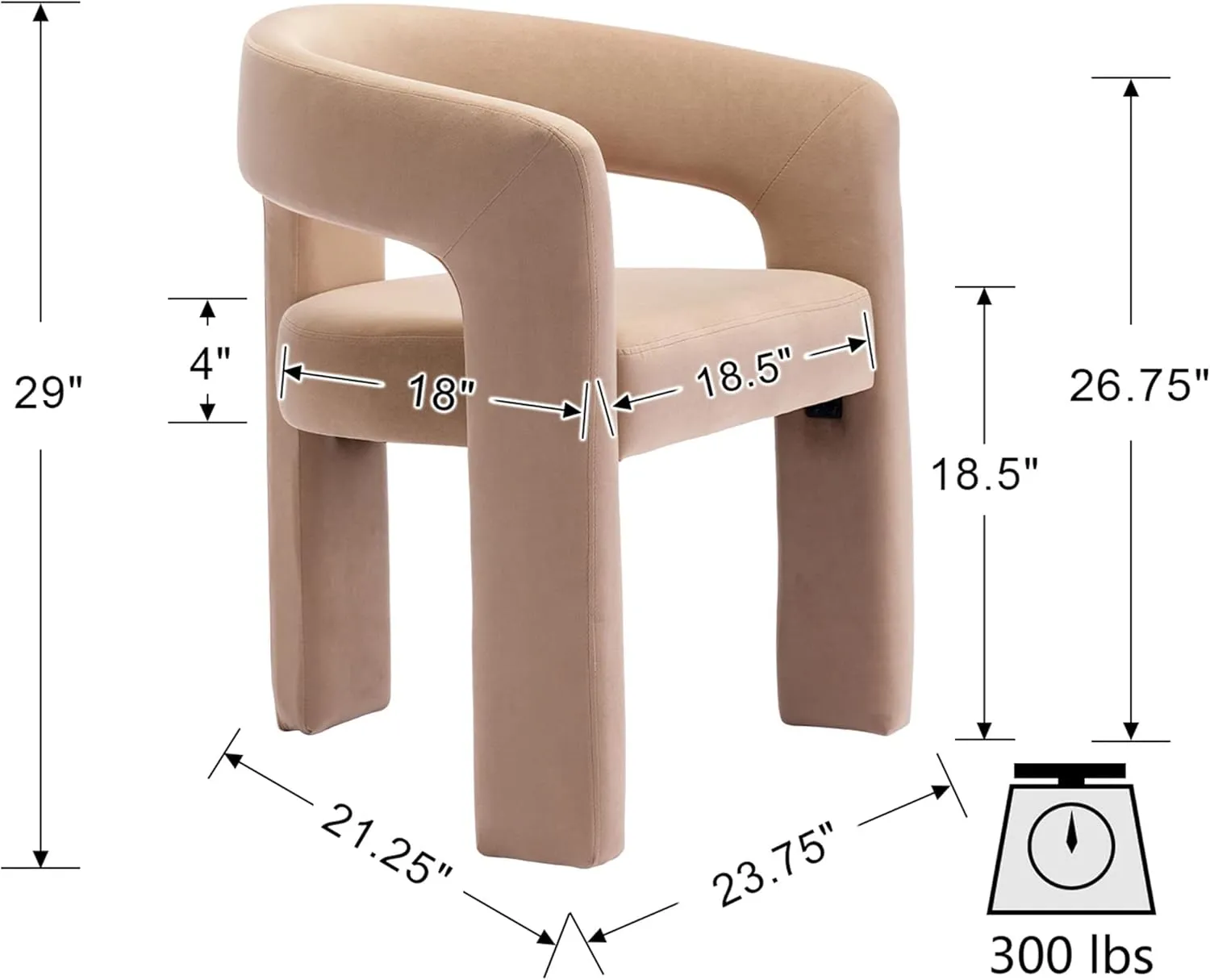 VESCASA Velvet Barrel Dining Chair with Open-Back, Upholstered Modern Accent Side Armchair with 3 Legs for Kitchen/Dining Room/Living Room, 1 Chair, Khaki