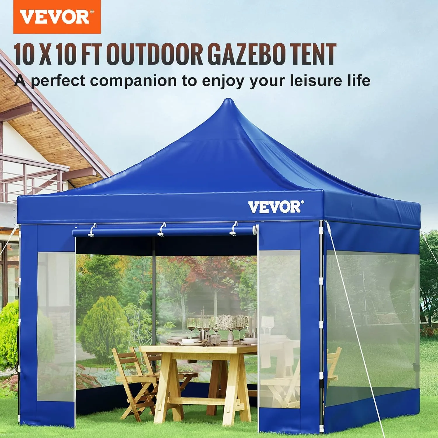 VEVOR 10x10 Pop Up Canopy Tent, Outdoor Canopy with Removable Sidewalls and Wheeled Bag, Instant Portable Shelter, UV-Resistant Waterproof Gazebo Patio Tents for Parties, Camping, Commercial, Blue