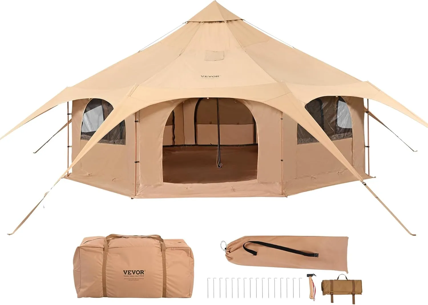 VEVOR Canvas Tent Bell, Yurt 4 Seasons for Camping with Stove Jack, Breathable Holds up to 4 People, Family Camping Outdoor Hunting Party