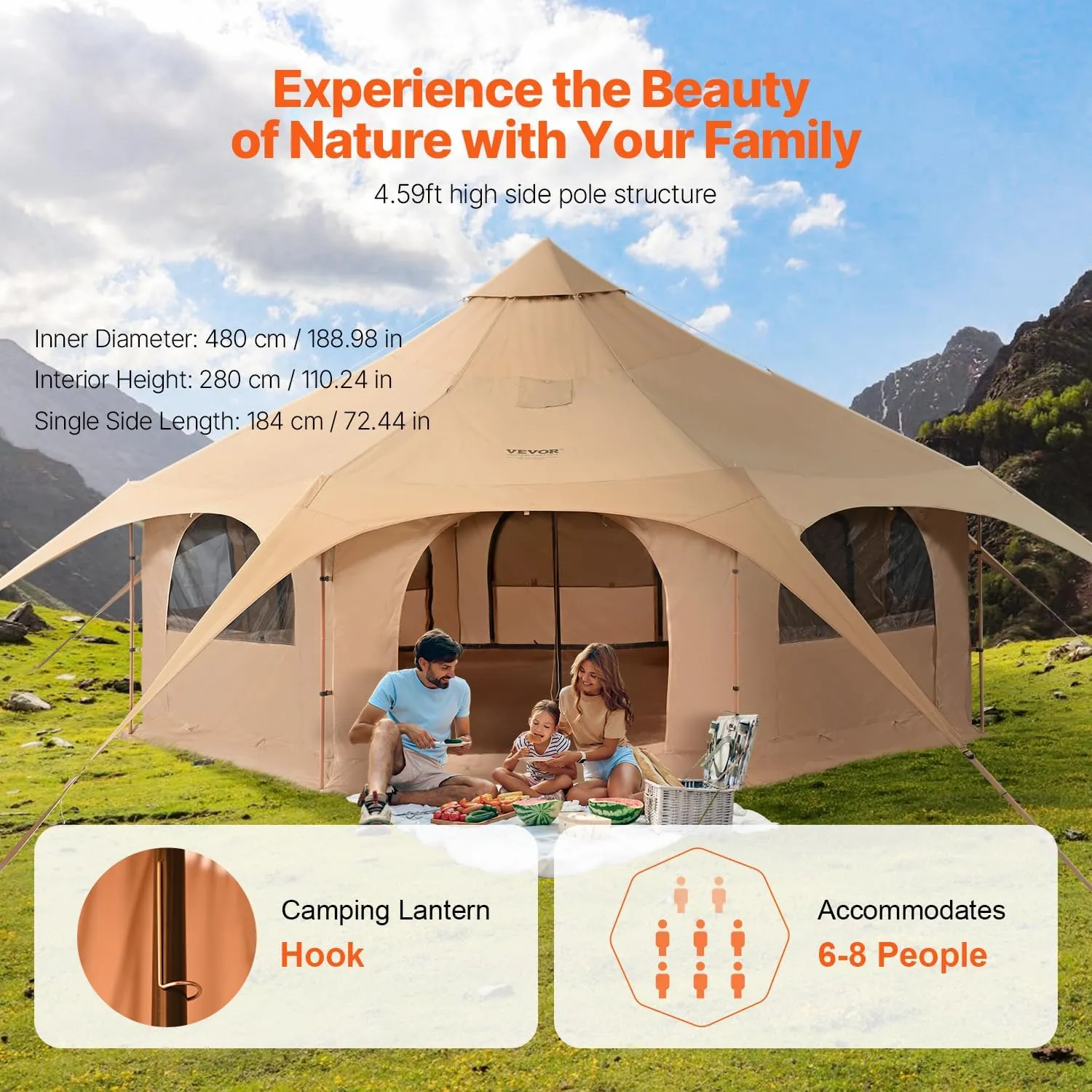 VEVOR Canvas Tent Bell, Yurt 4 Seasons for Camping with Stove Jack, Breathable Holds up to 4 People, Family Camping Outdoor Hunting Party