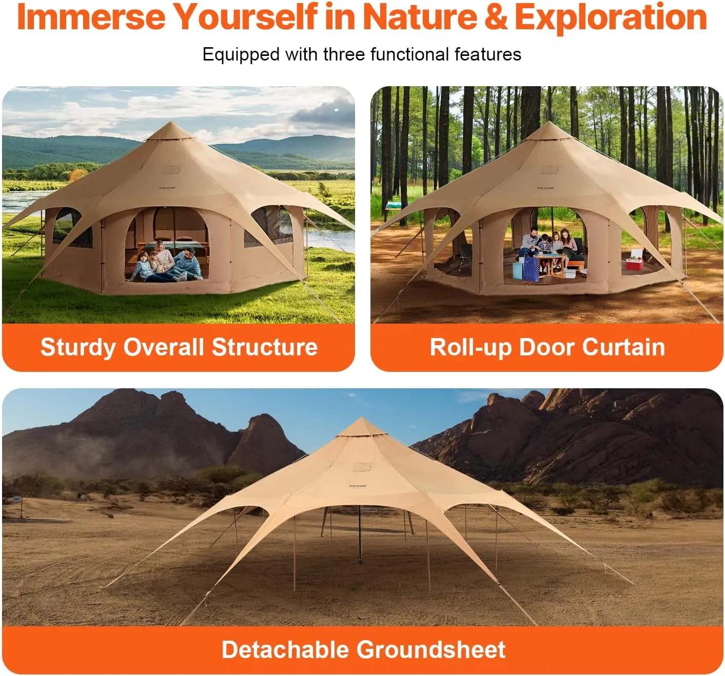 VEVOR Canvas Tent Bell, Yurt 4 Seasons for Camping with Stove Jack, Breathable Holds up to 4 People, Family Camping Outdoor Hunting Party