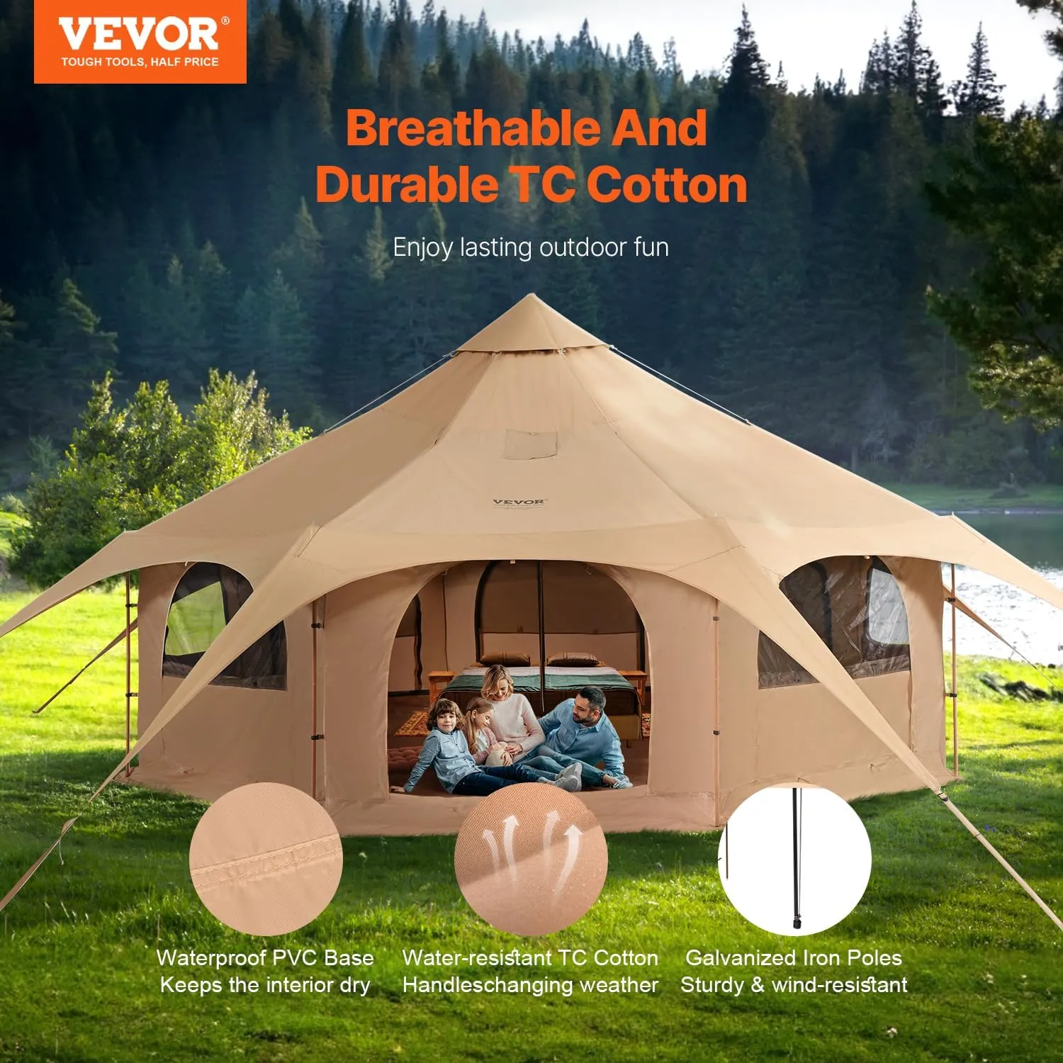 VEVOR Canvas Tent Bell, Yurt 4 Seasons for Camping with Stove Jack, Breathable Holds up to 4 People, Family Camping Outdoor Hunting Party