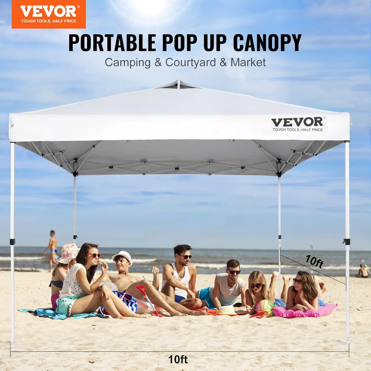 VEVOR Pop Up Canopy Tent, 10 x 10 ft, 250 D PU Silver Coated Tarp, with Portable Roller Bag and 4 Sandbags, Waterproof and Sun Shelter Gazebo for Outdoor Party, Camping, Commercial Events, White