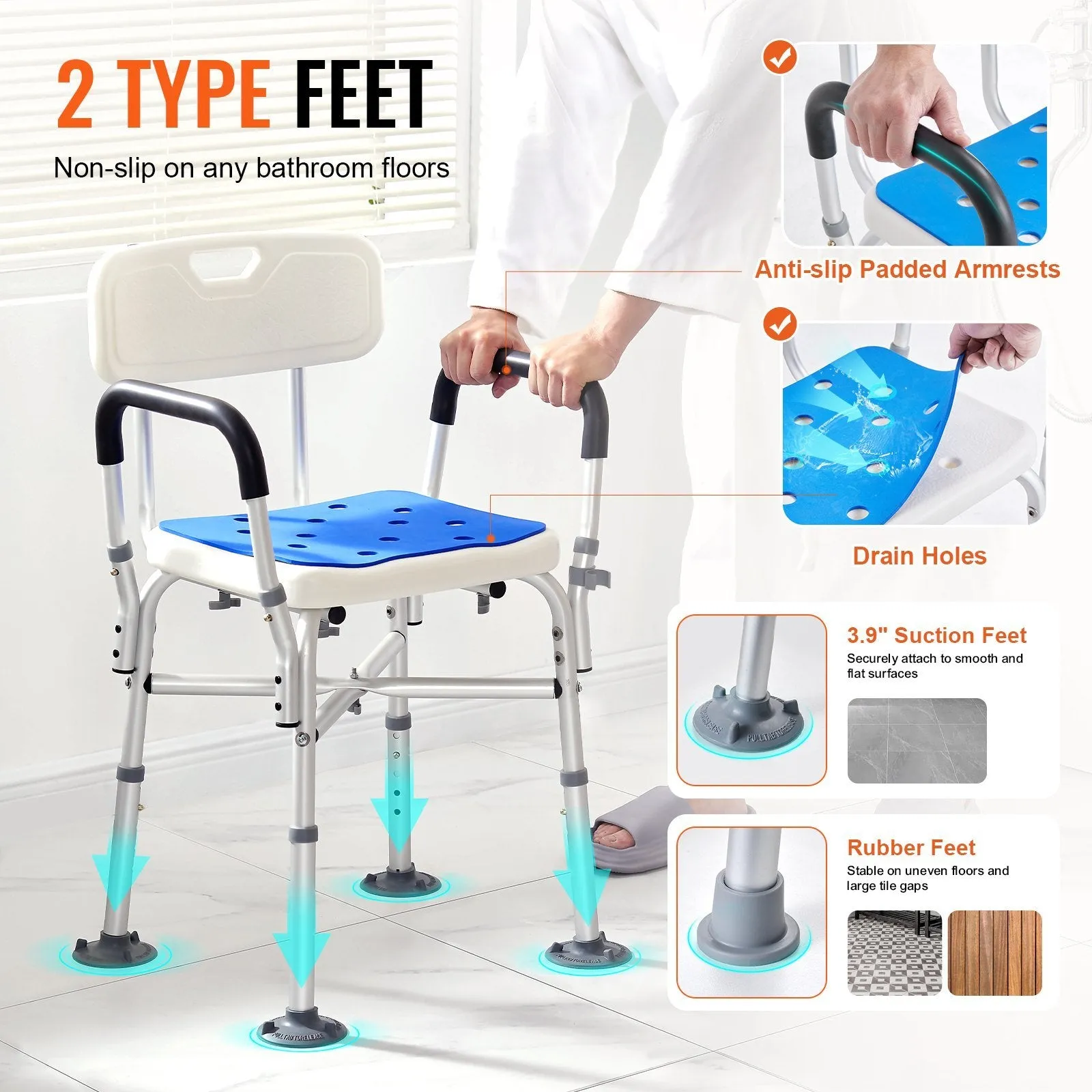 VEVOR Shower Chair Seat with Padded Arms and Back