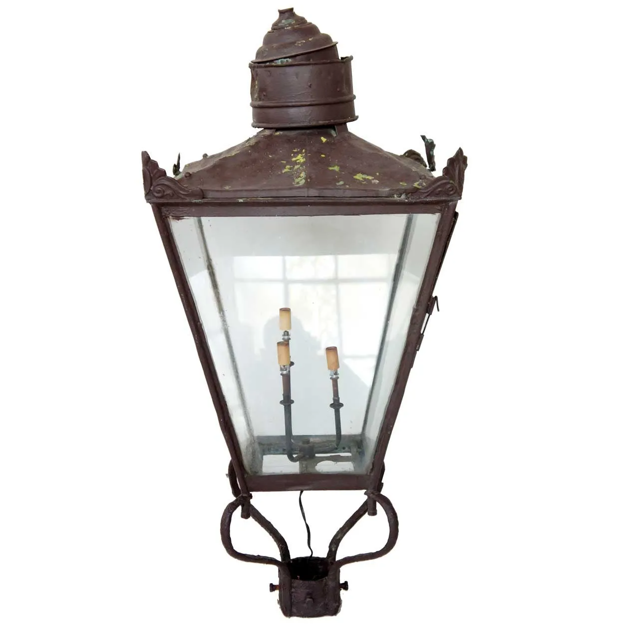 Victorian Copper and Glass Three-Light Street Post Lantern