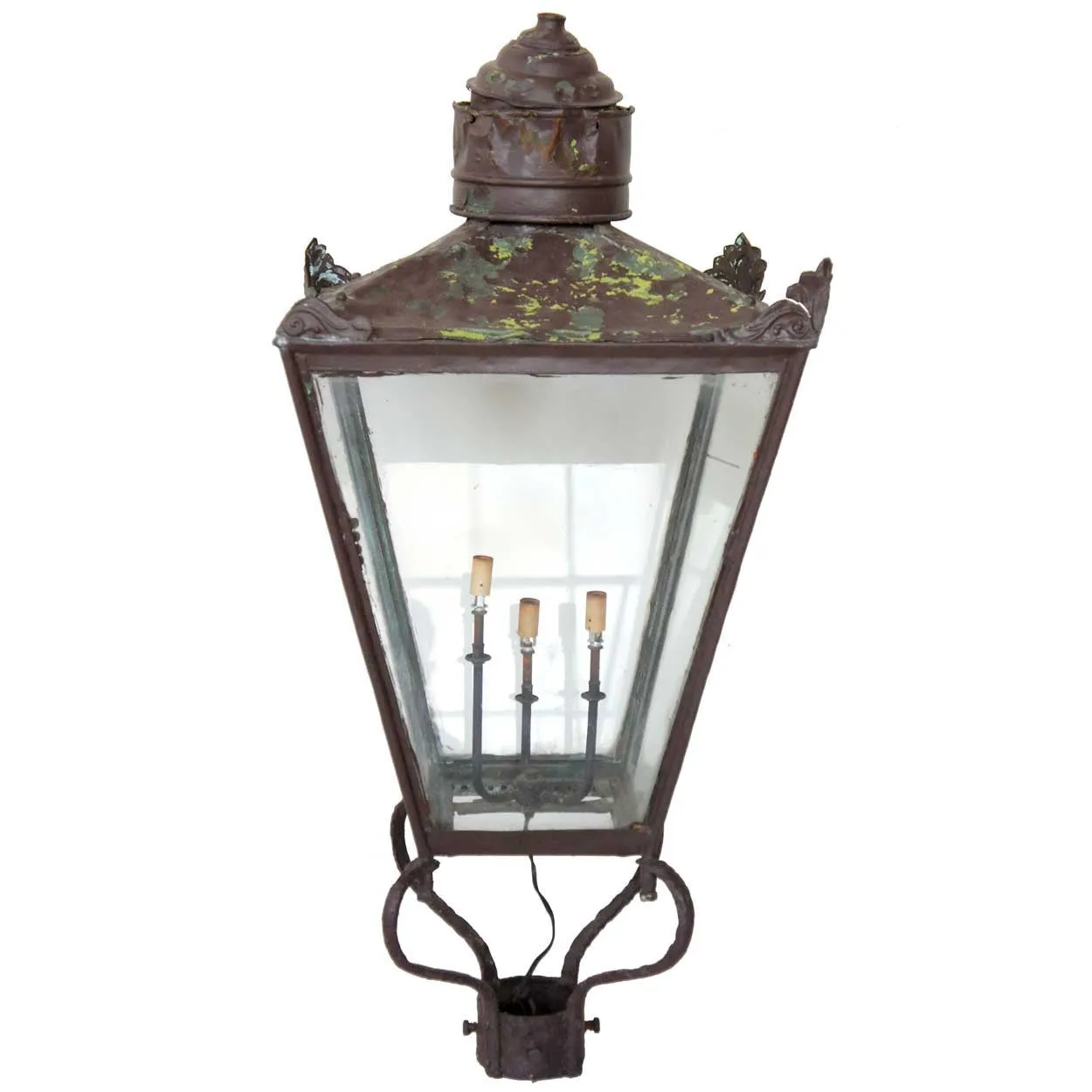 Victorian Copper and Glass Three-Light Street Post Lantern