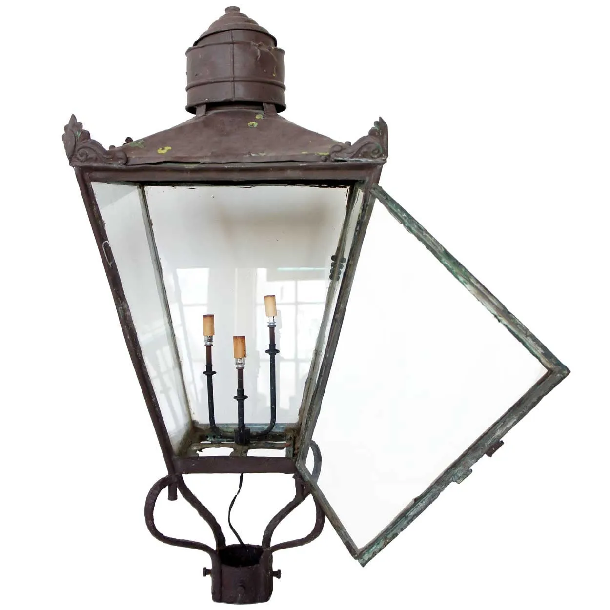 Victorian Copper and Glass Three-Light Street Post Lantern