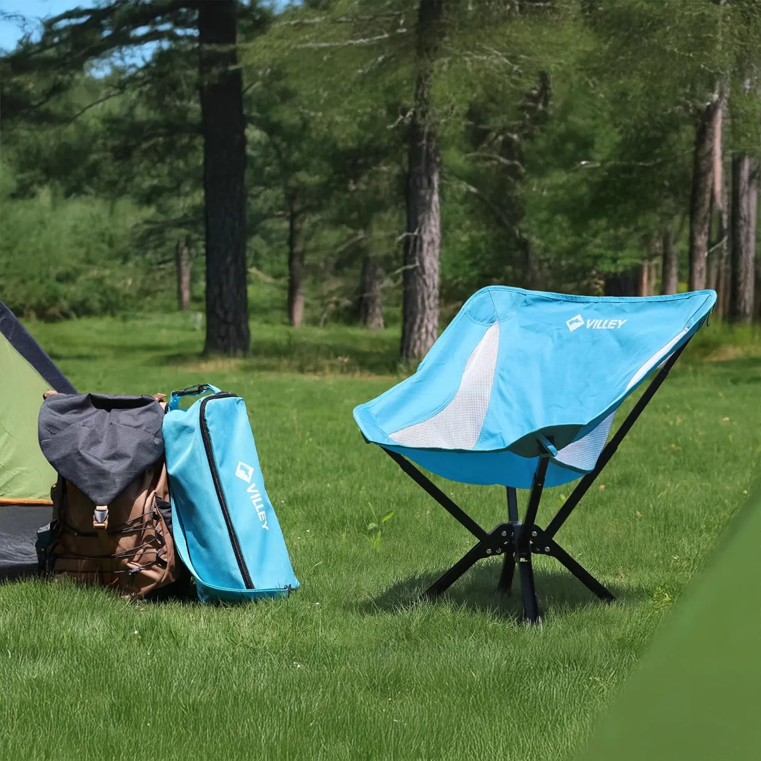 VILLEY Portable Folding Chair Lightweight Camping Chair No Assembly Needed, Quick Setup for Beach, Hiking, Supports 330 LBS, Blue, 2-Pack