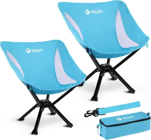 VILLEY Portable Folding Chair Lightweight Camping Chair No Assembly Needed, Quick Setup for Beach, Hiking, Supports 330 LBS, Blue, 2-Pack