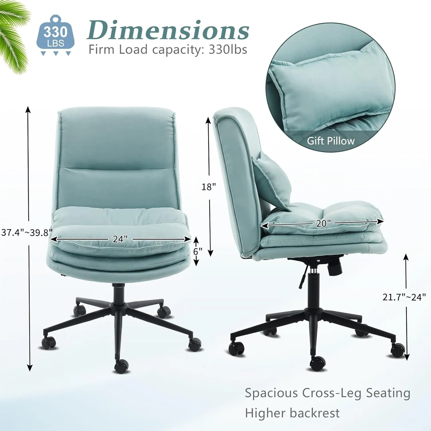 VINGLI Cloud Criss Cross Legged Chair,18" High Back Armless Home Office Desk Chair with Wheels,Wide Adjustable Comfy Padded Seat Task Computer Chair,Modern Swivel Makeup Vanity Chair,Microfiber,Blue