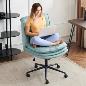 VINGLI Cloud Criss Cross Legged Chair,18" High Back Armless Home Office Desk Chair with Wheels,Wide Adjustable Comfy Padded Seat Task Computer Chair,Modern Swivel Makeup Vanity Chair,Microfiber,Blue