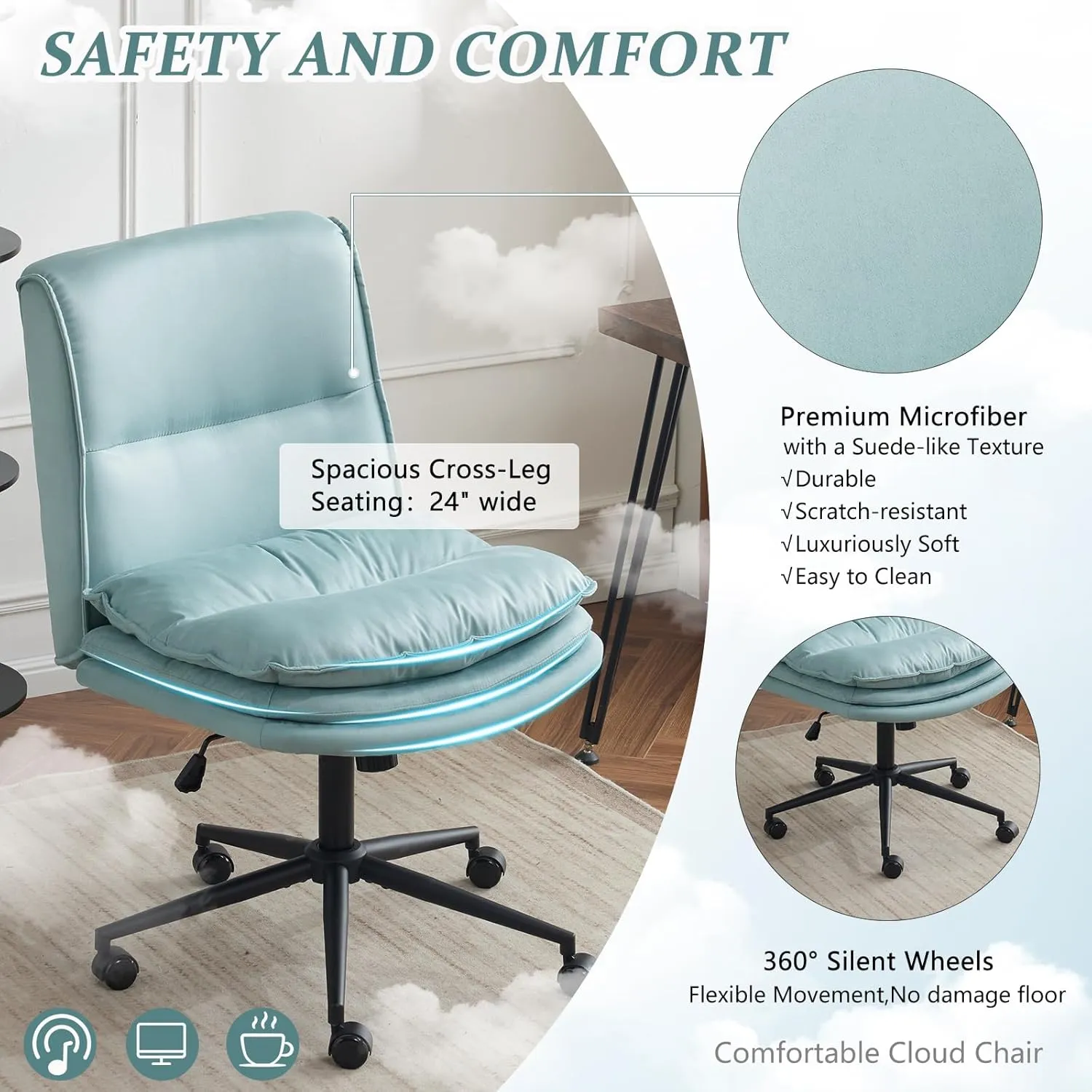 VINGLI Cloud Criss Cross Legged Chair,18" High Back Armless Home Office Desk Chair with Wheels,Wide Adjustable Comfy Padded Seat Task Computer Chair,Modern Swivel Makeup Vanity Chair,Microfiber,Blue