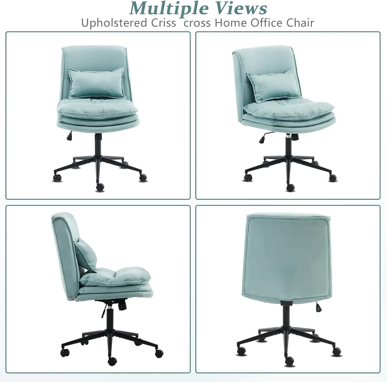 VINGLI Cloud Criss Cross Legged Chair,18" High Back Armless Home Office Desk Chair with Wheels,Wide Adjustable Comfy Padded Seat Task Computer Chair,Modern Swivel Makeup Vanity Chair,Microfiber,Blue