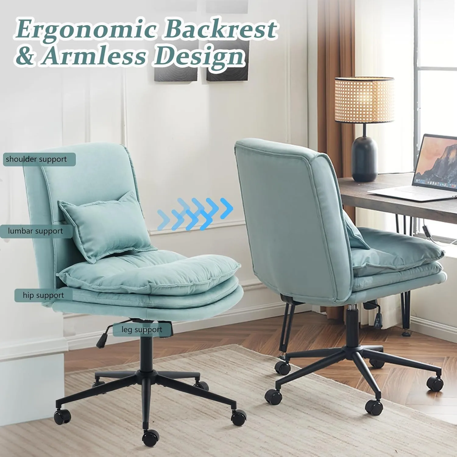 VINGLI Cloud Criss Cross Legged Chair,18" High Back Armless Home Office Desk Chair with Wheels,Wide Adjustable Comfy Padded Seat Task Computer Chair,Modern Swivel Makeup Vanity Chair,Microfiber,Blue