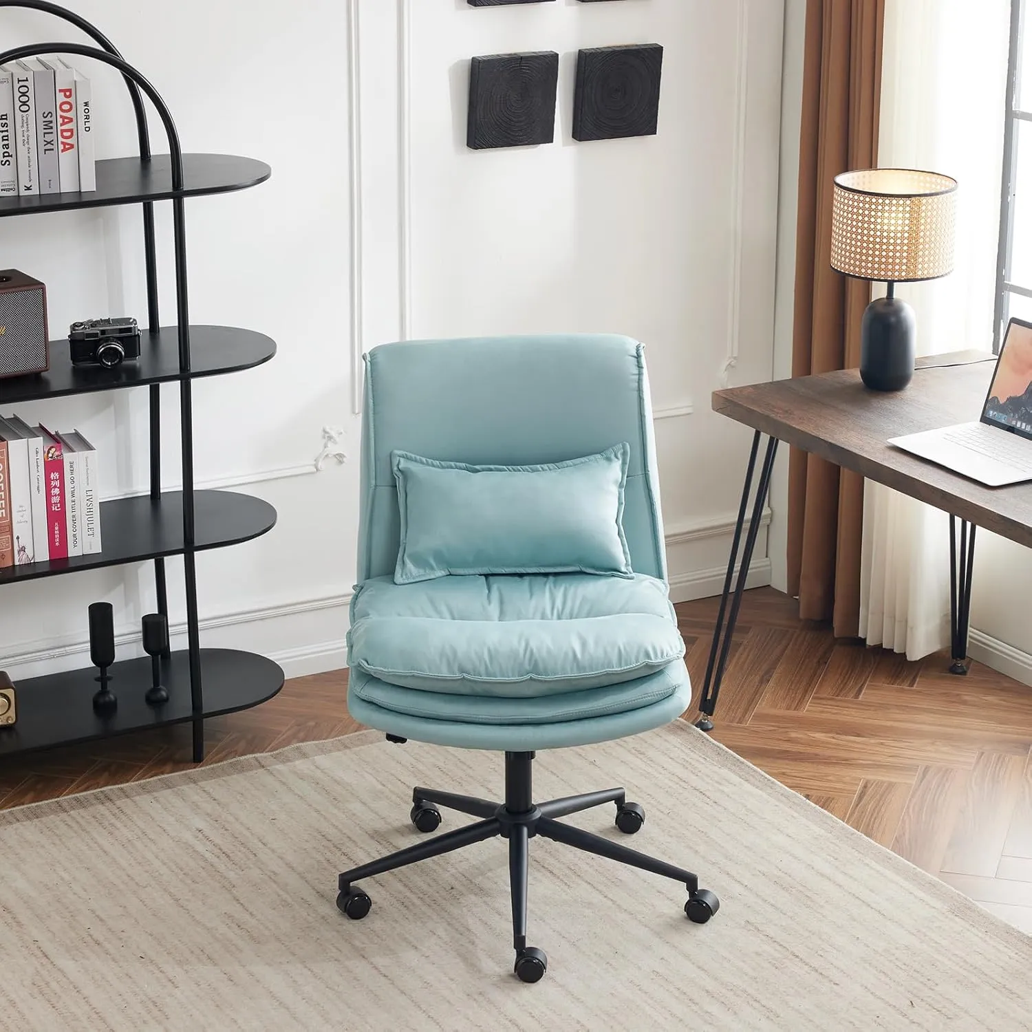 VINGLI Cloud Criss Cross Legged Chair,18" High Back Armless Home Office Desk Chair with Wheels,Wide Adjustable Comfy Padded Seat Task Computer Chair,Modern Swivel Makeup Vanity Chair,Microfiber,Blue