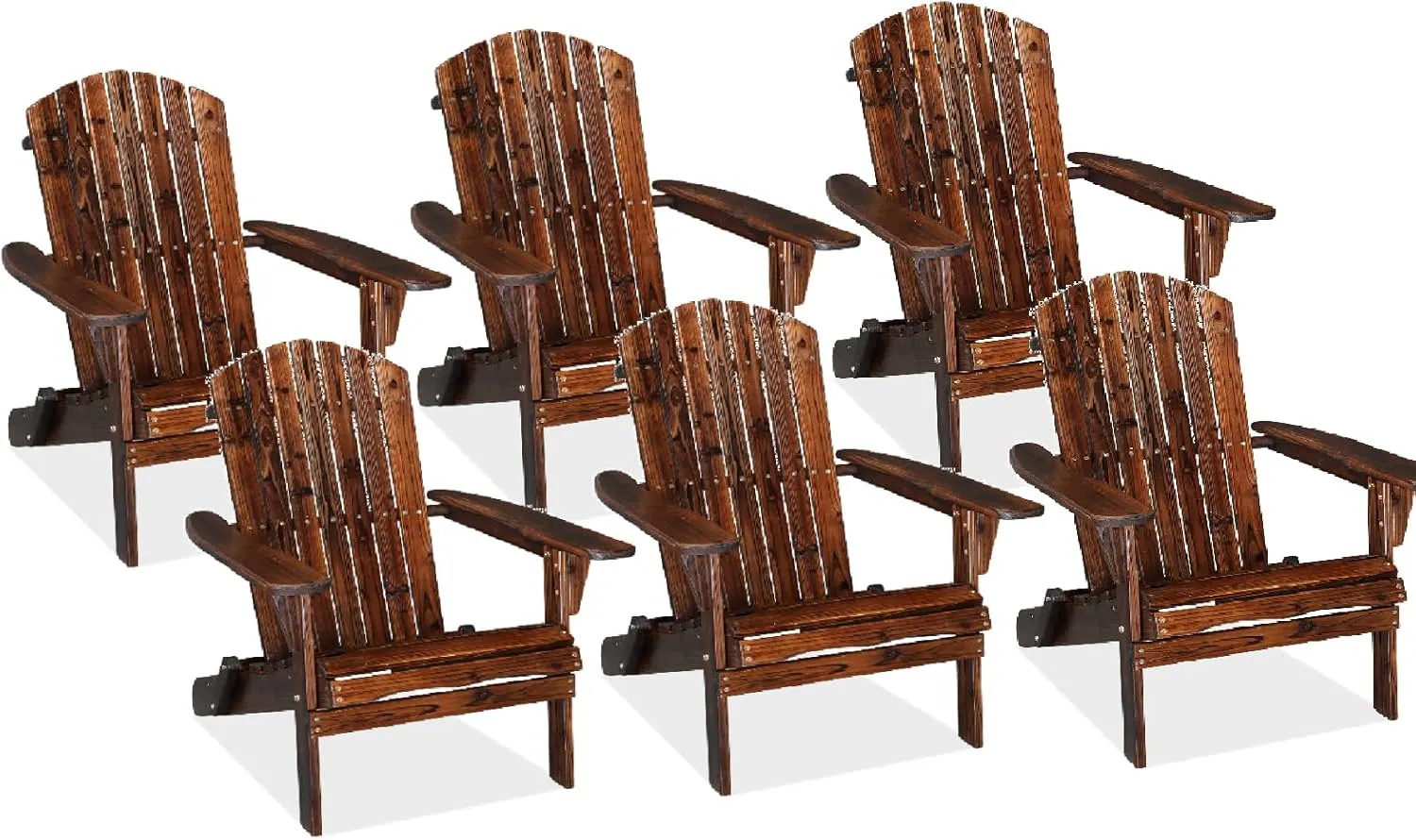 VINGLI Folding Adirondack Chair Set of 6, Wood Adirondack Chairs for Outdoor, Foldable Fire Pit Chairs for Patio, BBQ, Porch, Yard, Pool, Carbonized