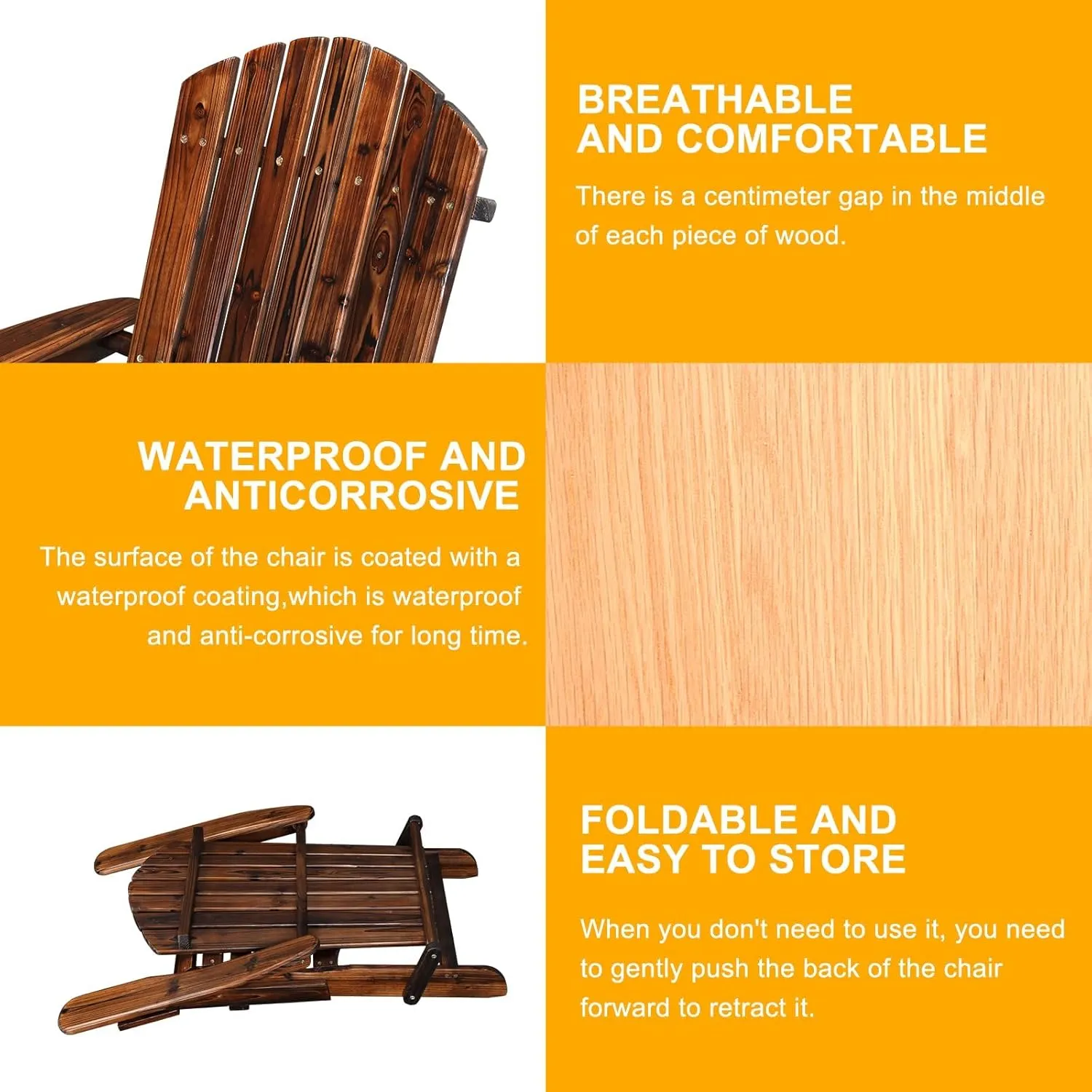 VINGLI Folding Adirondack Chair Set of 6, Wood Adirondack Chairs for Outdoor, Foldable Fire Pit Chairs for Patio, BBQ, Porch, Yard, Pool, Carbonized