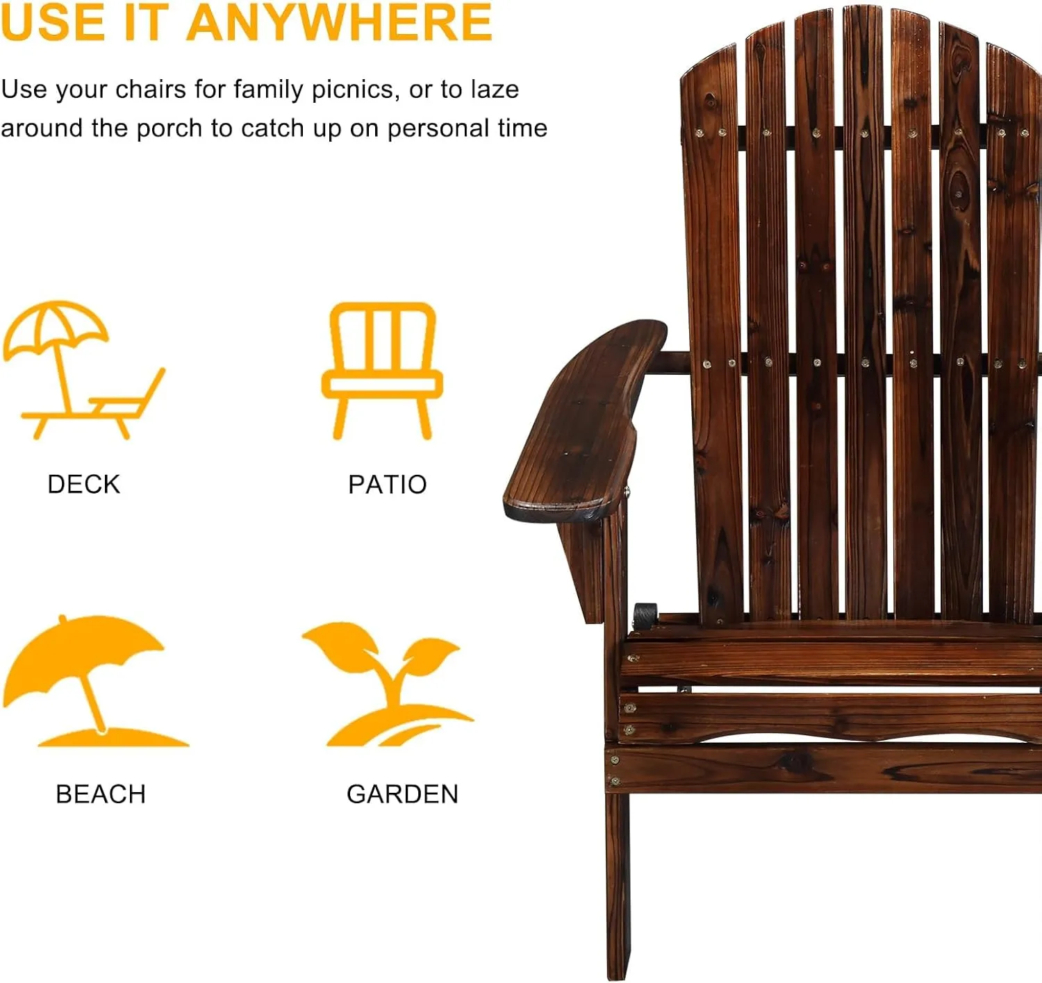 VINGLI Folding Adirondack Chair Set of 6, Wood Adirondack Chairs for Outdoor, Foldable Fire Pit Chairs for Patio, BBQ, Porch, Yard, Pool, Carbonized