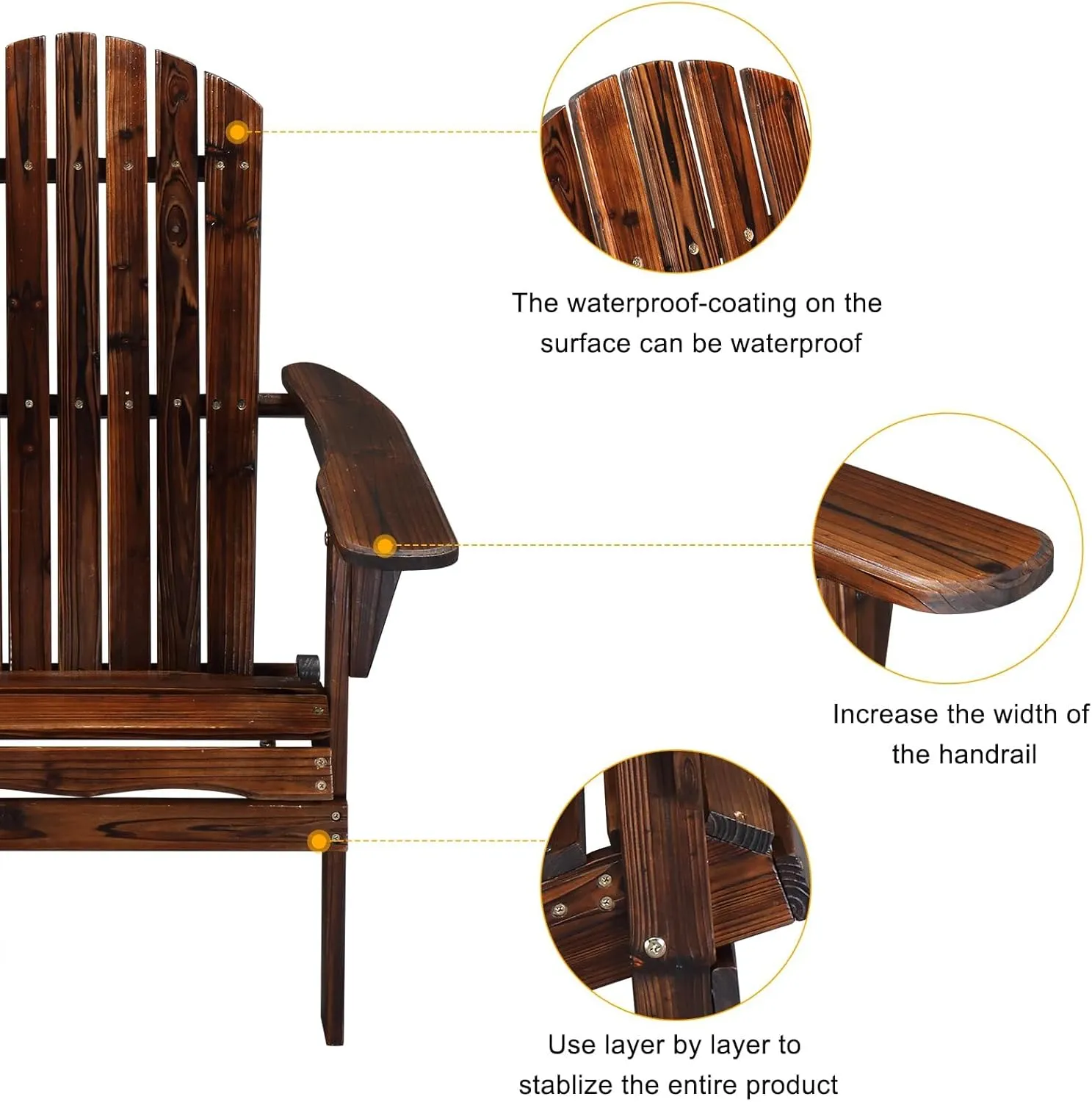 VINGLI Folding Adirondack Chair Set of 6, Wood Adirondack Chairs for Outdoor, Foldable Fire Pit Chairs for Patio, BBQ, Porch, Yard, Pool, Carbonized