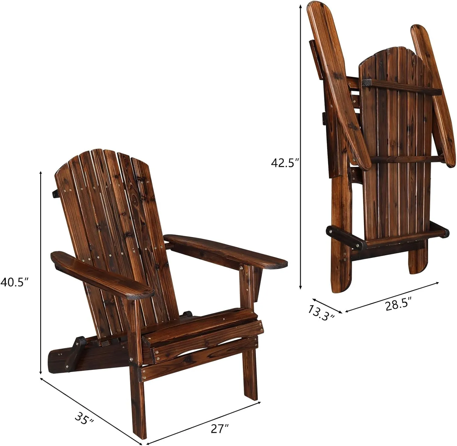 VINGLI Folding Adirondack Chair Set of 6, Wood Adirondack Chairs for Outdoor, Foldable Fire Pit Chairs for Patio, BBQ, Porch, Yard, Pool, Carbonized