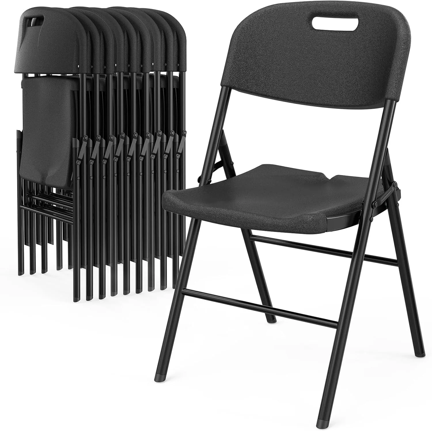 VINGLI Folding Chairs, Heavy Duty Foldable Chair Portable HDPE Plastic Seat with Steel Frame for Indoor Outdoor Dinning Party Wedding School Use, Black, 10 Pack