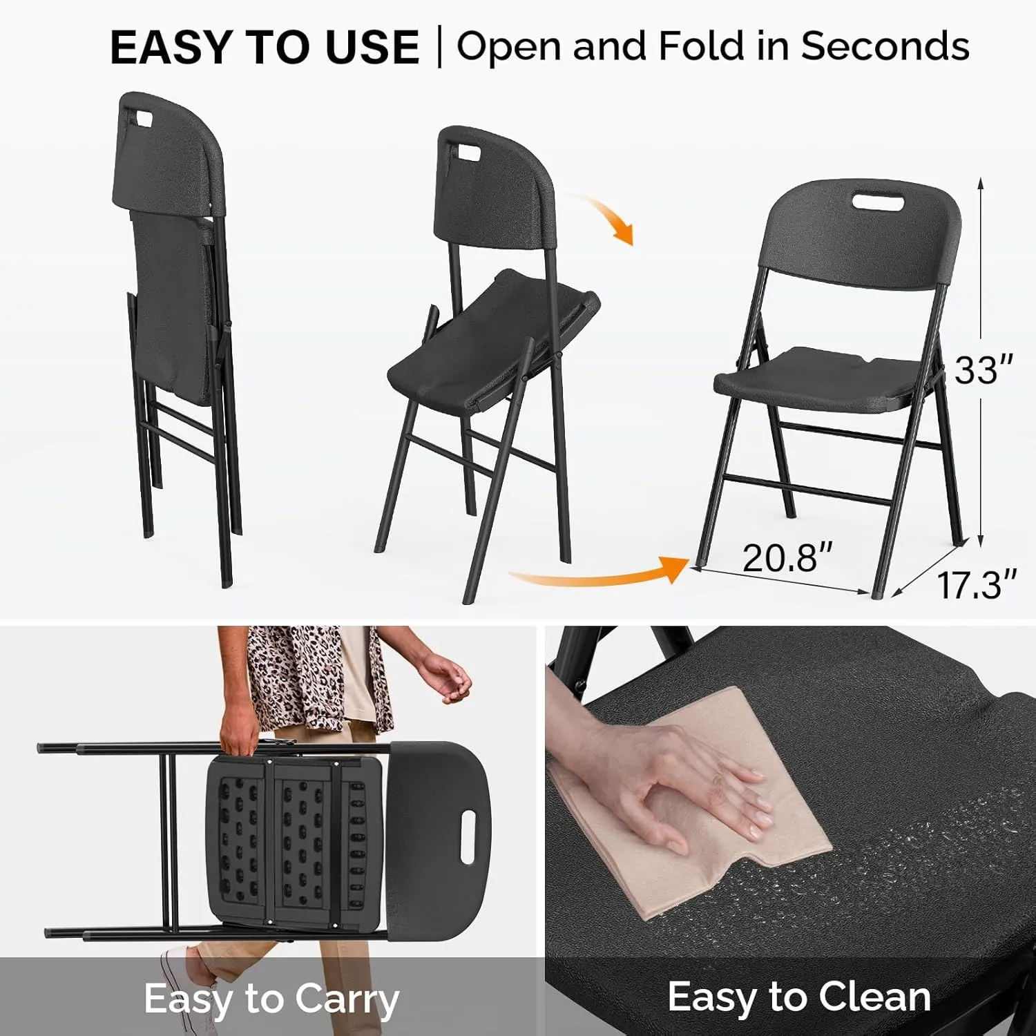 VINGLI Folding Chairs, Heavy Duty Foldable Chair Portable HDPE Plastic Seat with Steel Frame for Indoor Outdoor Dinning Party Wedding School Use, Black, 10 Pack