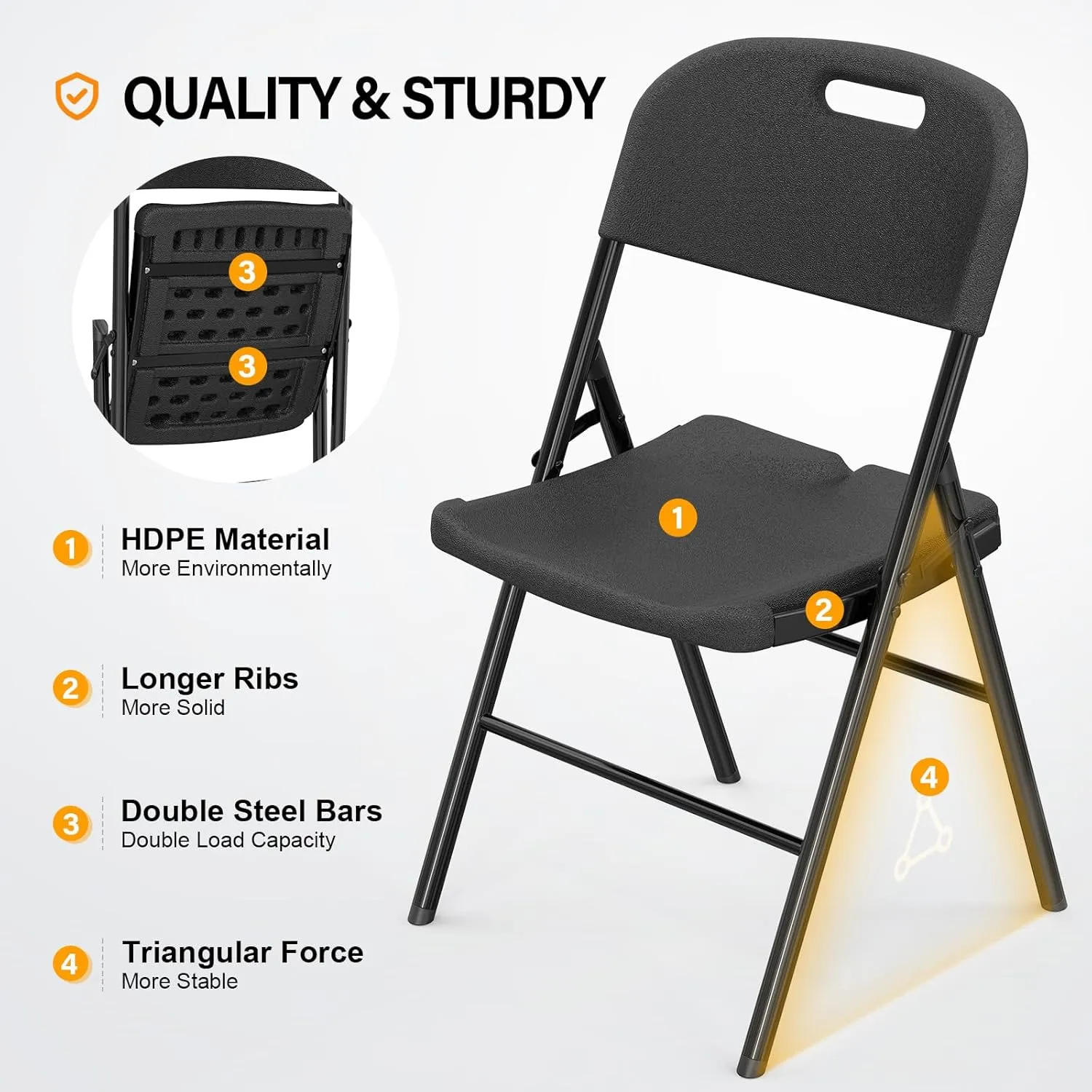 VINGLI Folding Chairs, Heavy Duty Foldable Chair Portable HDPE Plastic Seat with Steel Frame for Indoor Outdoor Dinning Party Wedding School Use, Black, 10 Pack