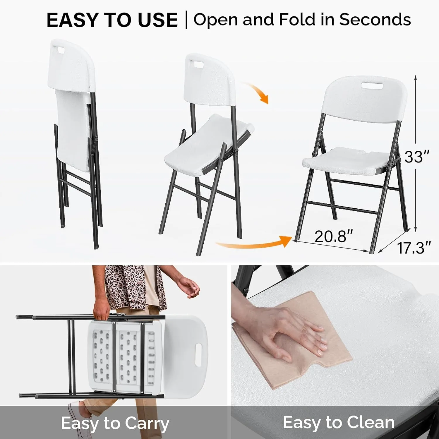 VINGLI Folding Chairs, Heavy Duty Foldable Chair Portable HDPE Plastic Seat with Steel Frame for Indoor Outdoor Dinning Party Wedding School Use, White, 6 Pack