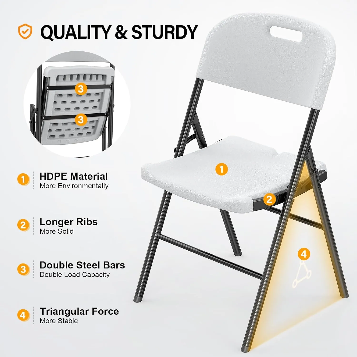 VINGLI Folding Chairs, Heavy Duty Foldable Chair Portable HDPE Plastic Seat with Steel Frame for Indoor Outdoor Dinning Party Wedding School Use, White, 6 Pack