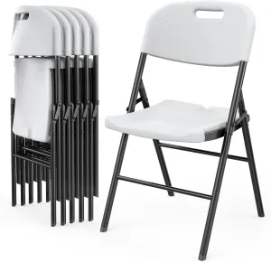 VINGLI Folding Chairs, Heavy Duty Foldable Chair Portable HDPE Plastic Seat with Steel Frame for Indoor Outdoor Dinning Party Wedding School Use, White, 6 Pack