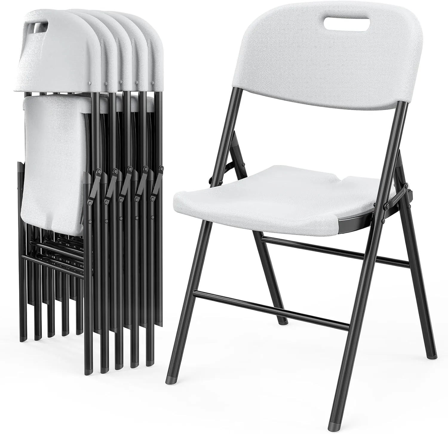 VINGLI Folding Chairs, Heavy Duty Foldable Chair Portable HDPE Plastic Seat with Steel Frame for Indoor Outdoor Dinning Party Wedding School Use, White, 6 Pack