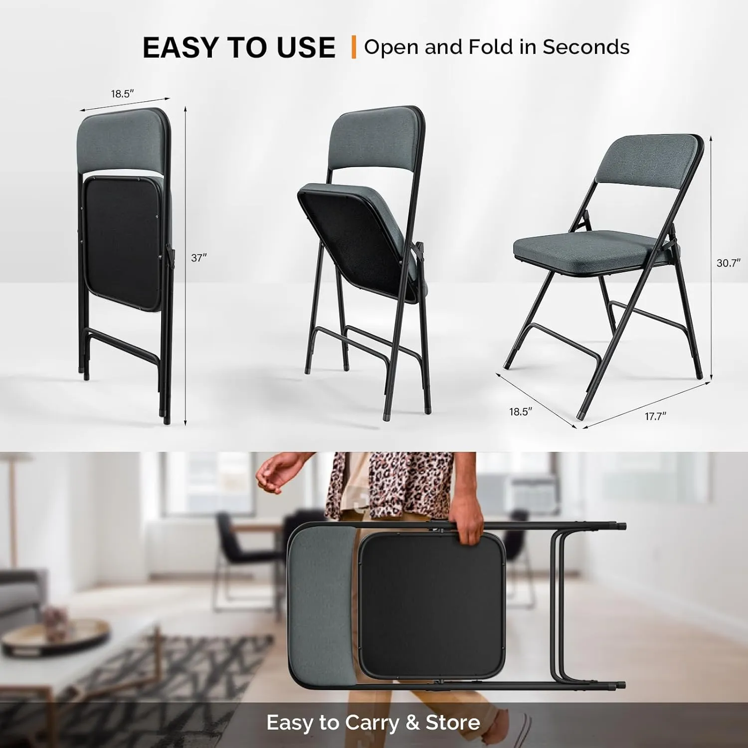 VINGLI Padded Folding Chairs with Thick Seat Cushion, Portable, Durable & Extra Comfortable Foldable Chairs for Indoor & Outdoor Events, Banquet, Party, Dinning, Work, Craft, Fabric, Navy Gray, 2 Pack