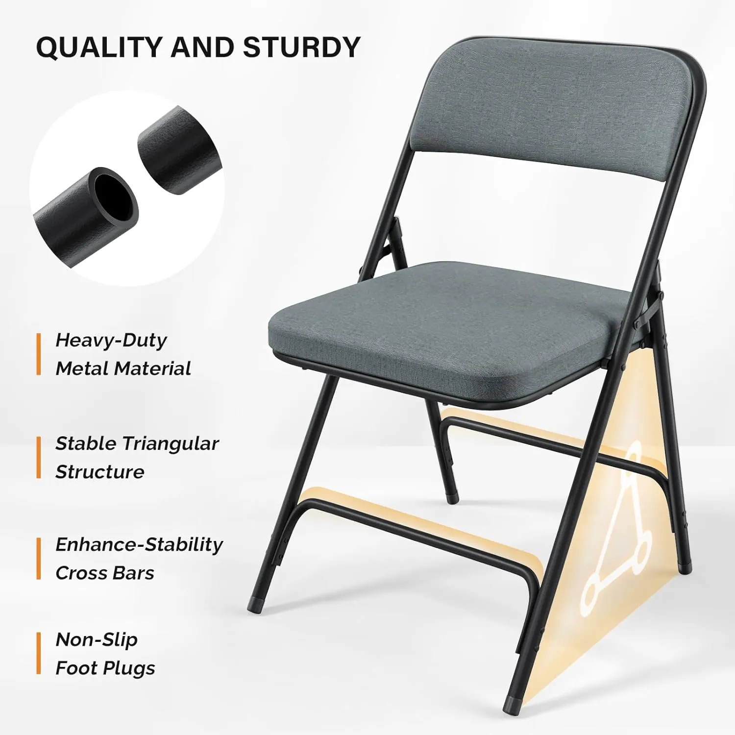 VINGLI Padded Folding Chairs with Thick Seat Cushion, Portable, Durable & Extra Comfortable Foldable Chairs for Indoor & Outdoor Events, Banquet, Party, Dinning, Work, Craft, Fabric, Navy Gray, 2 Pack