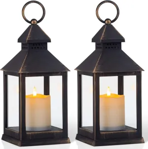 Vintage Golden Brushed Black Lantern Decorative LED Flickering Flameless Candle with Timer, Battery Powered LED Decorative Hanging Lanterns for Indoor Outdoor Garden Yard Home Decor(2 Pack)