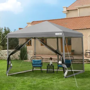 VIVOHOME 8x8ft Easy Pop-Up Canopy, Outdoor Screen Tent with Mosquito Netting, 2 Zipper Doors, and Roller Bag for Yard Camping Picnic Party Events, Grey