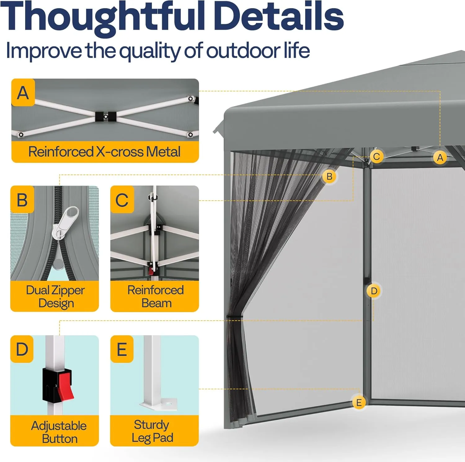 VIVOHOME 8x8ft Easy Pop-Up Canopy, Outdoor Screen Tent with Mosquito Netting, 2 Zipper Doors, and Roller Bag for Yard Camping Picnic Party Events, Grey