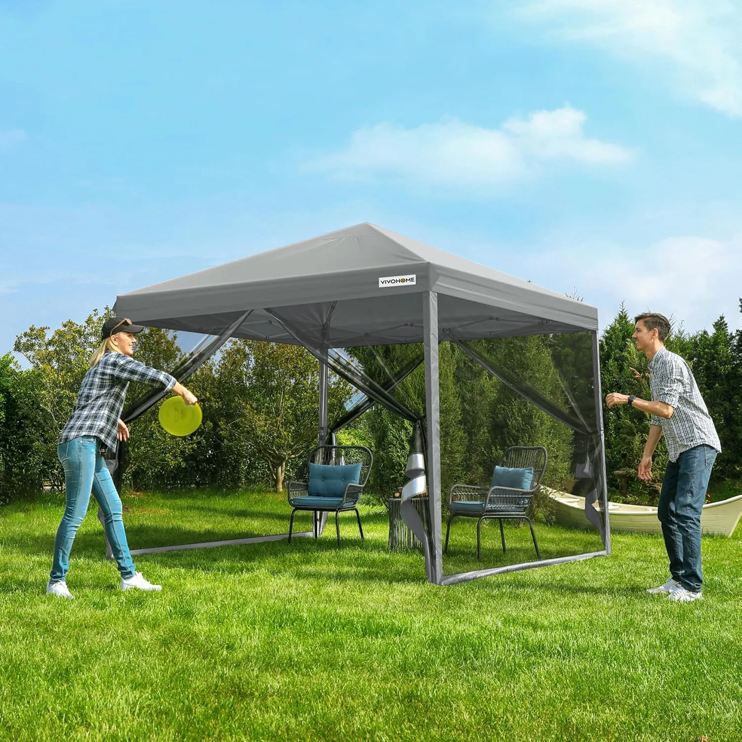 VIVOHOME 8x8ft Easy Pop-Up Canopy, Outdoor Screen Tent with Mosquito Netting, 2 Zipper Doors, and Roller Bag for Yard Camping Picnic Party Events, Grey
