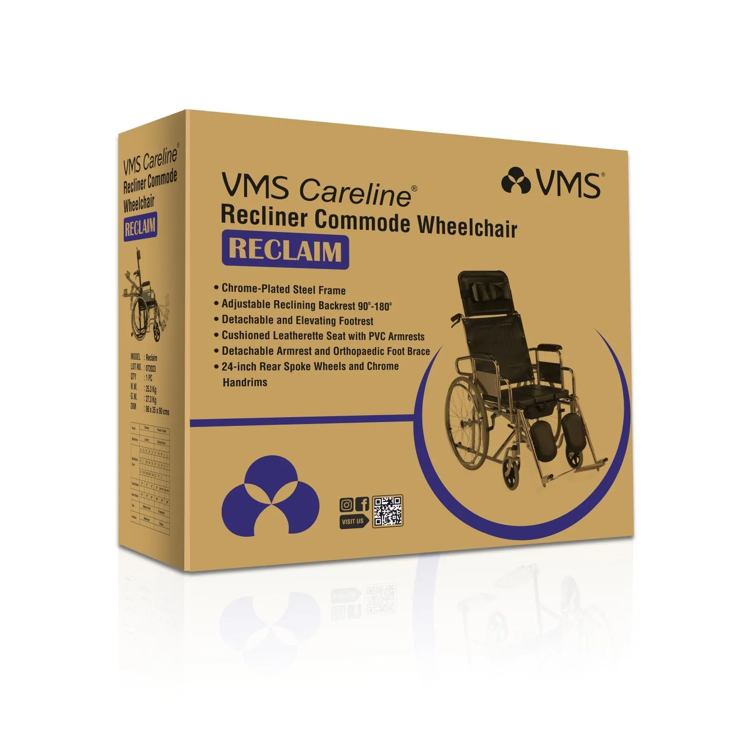 VMS Careline Foldable Recliner Commode Wheelchair RECLAIM