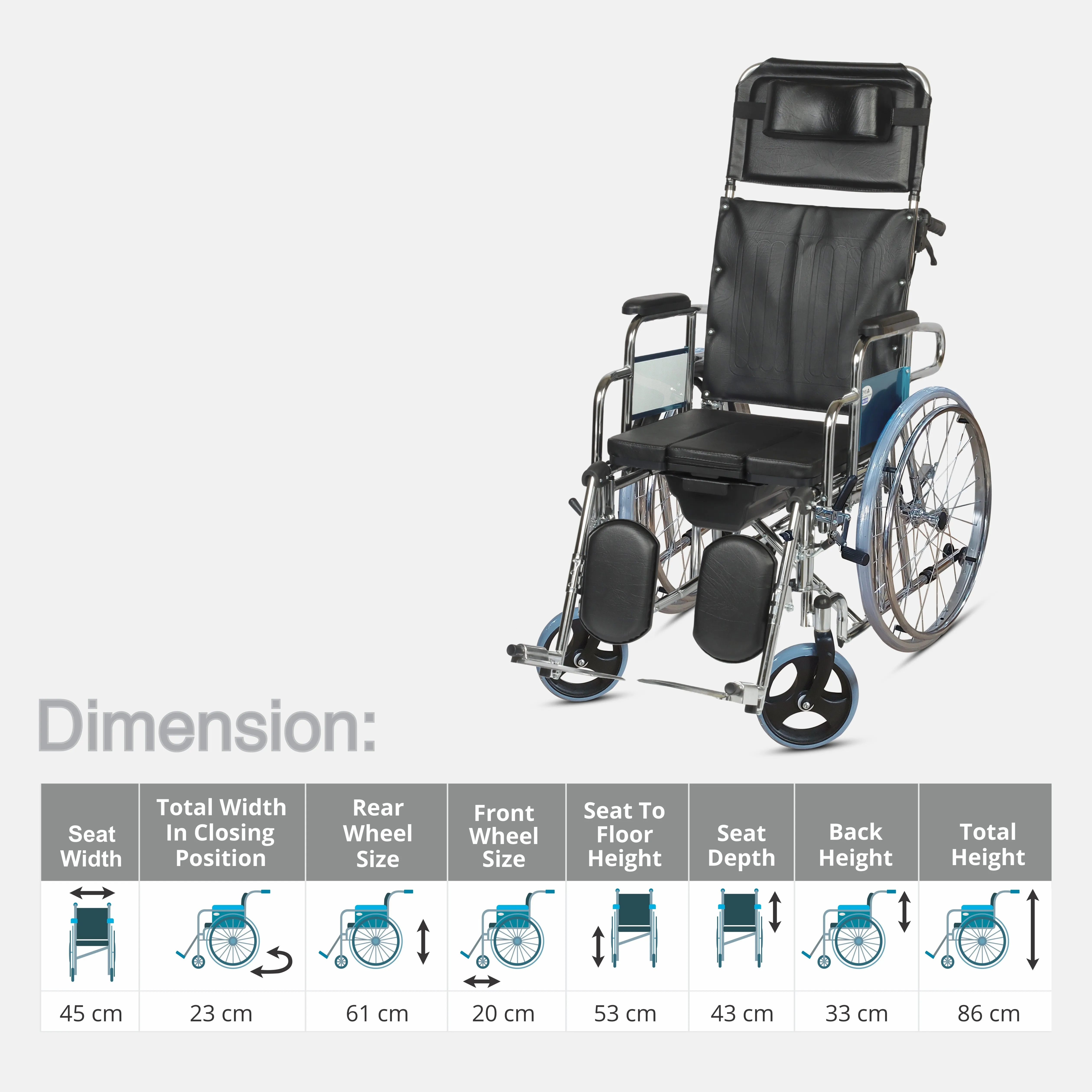VMS Careline Foldable Recliner Commode Wheelchair RECLAIM