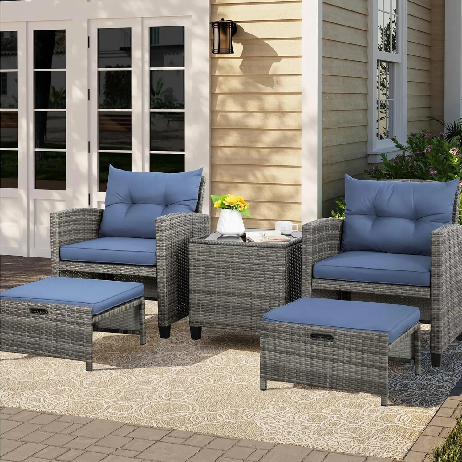 Vongrasig 5 Piece Patio Furniture Set, Small Balcony Furniture, PE Wicker Rattan Patio Chairs Set of 2, Outdoor Lounge Chairs with Cushions Ottomans &Glass Table for Porch Garden(Navy Blue)