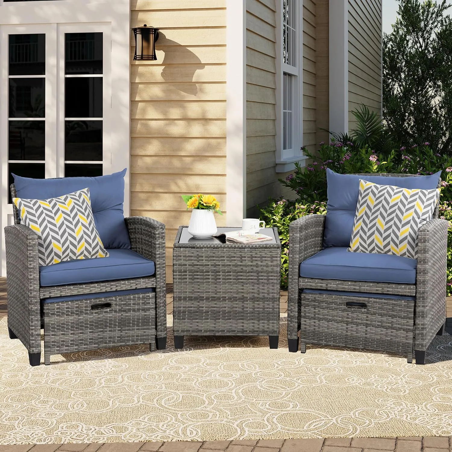 Vongrasig 5 Piece Patio Furniture Set, Small Balcony Furniture, PE Wicker Rattan Patio Chairs Set of 2, Outdoor Lounge Chairs with Cushions Ottomans &Glass Table for Porch Garden(Navy Blue)